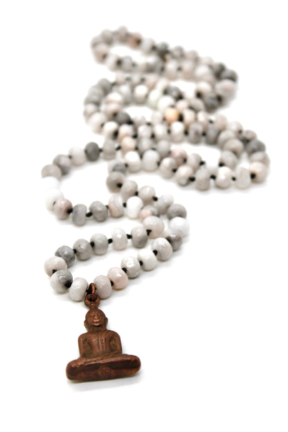 Copper Sitting Buddha on White Lace Agate Knotted Necklace