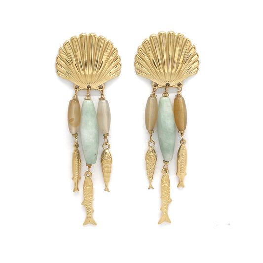 Gold Seashell Fish Dangle Earrings - E4-371