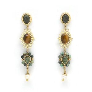 Tiger's Eye and African Turquoise Pearl Dangle Earrings - E4-277