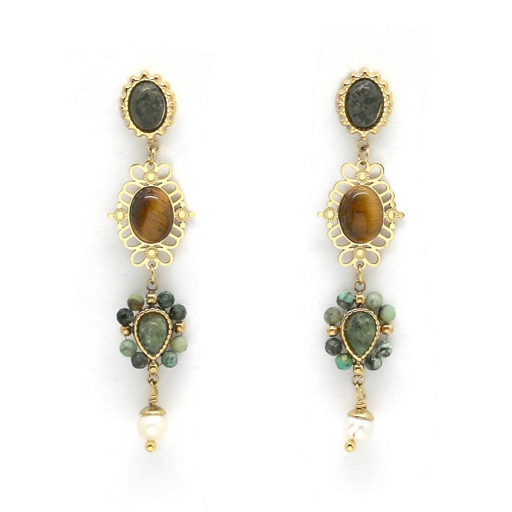 Tiger's Eye and African Turquoise Pearl Dangle Earrings - E4-277