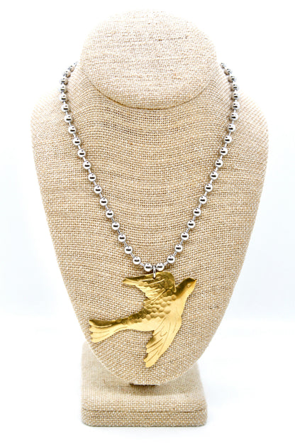 Flying Brass Bird Convertible Silver Chain Necklace