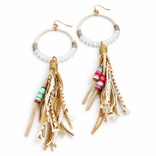 Crystal Beaded Hoop Earrings with Tassel - E001T-White