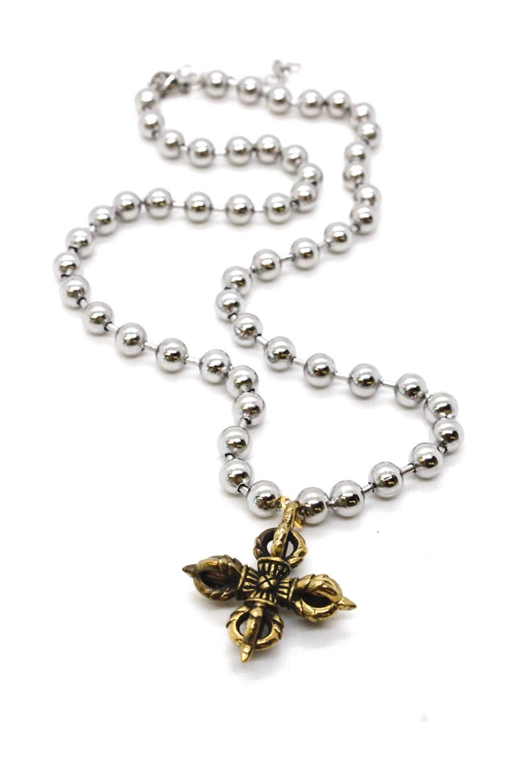 Single Silver Ball Chain Necklace with Lucky Brass Cross N2-S1023 -The Classics Collection-