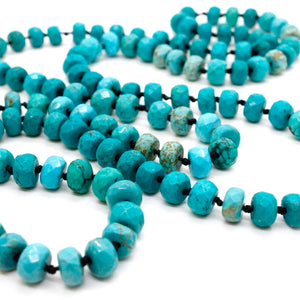 Hand-Knotted Long Faceted Rich Turquoise Rondelle Bead Necklace