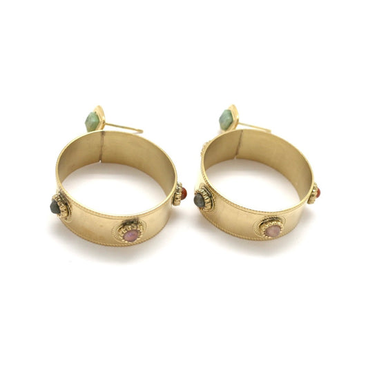 Semi Precious Stones on Wide Hoop Dangle Earrings - E4-366