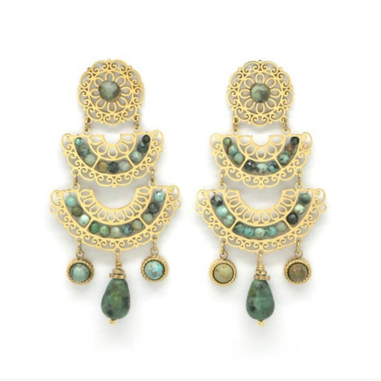 Rosette Fan African Turquoise Stone Earrings- E4-263