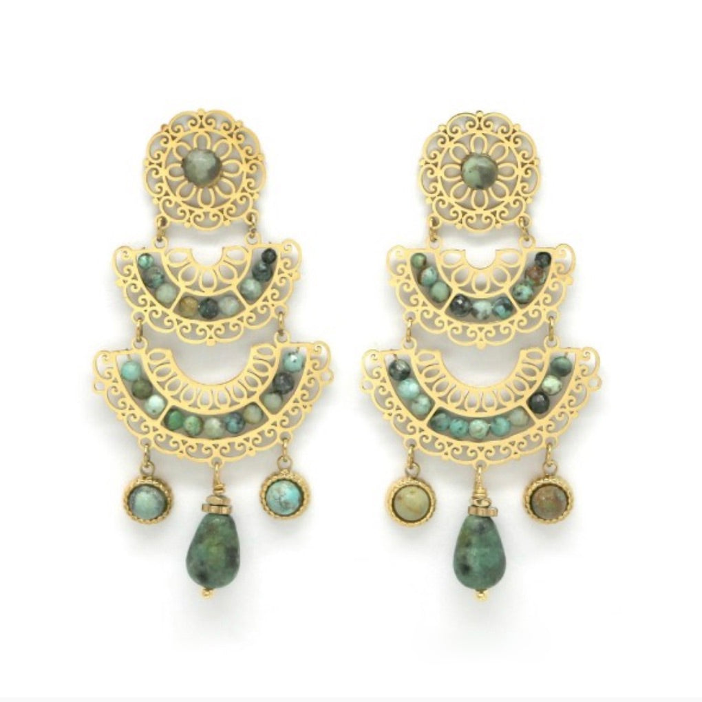 Rosette Fan African Turquoise Stone Earrings- E4-263