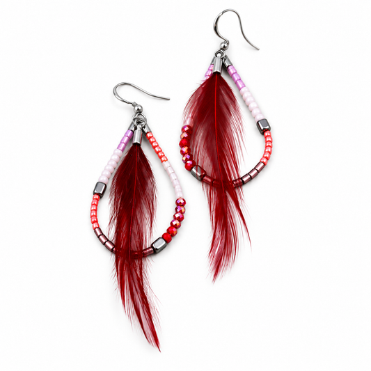 Beaded Dangle Hoop Style Earring with Feather - E012-R