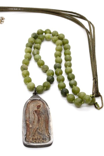 Buddha Necklace 107- Agate and Leather Stretch Bracelet / Necklace Buddha - One of a Kind -