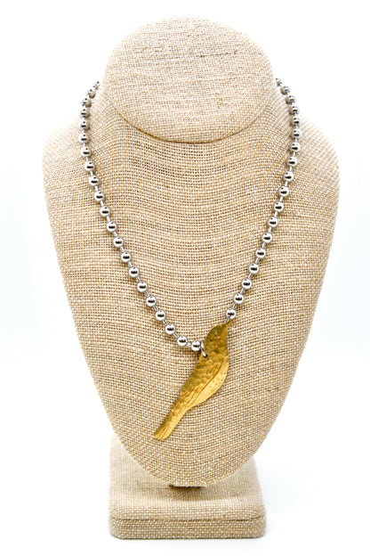 Perched Brass Bird Convertible Silver Chain Necklace