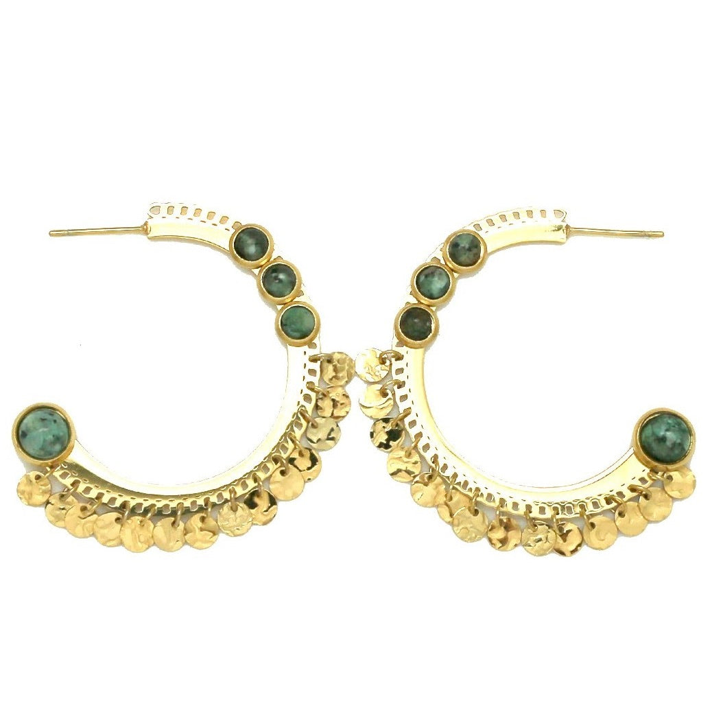 African Turquoise Dot Gold Gypsy Hoop Earrings - E4-220