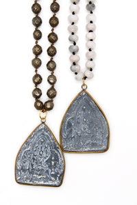 Patina Carved 18K Gold Charm Pendant Hand Knotted Stone Necklace