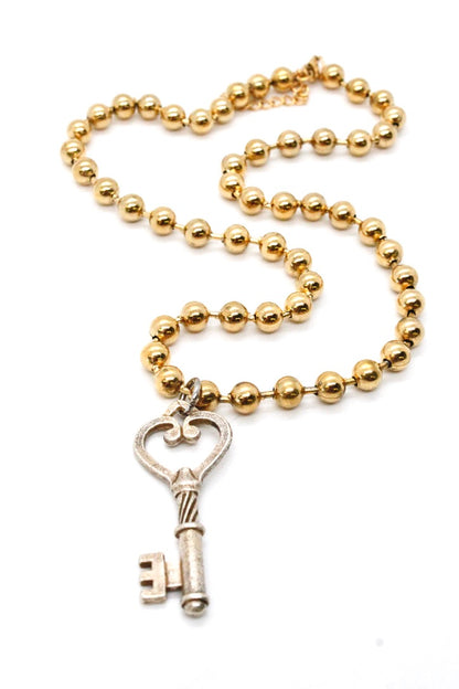 Single Gold Plate Ball Chain Necklace with Silver Key N2-S1008g -The Classics Collection-