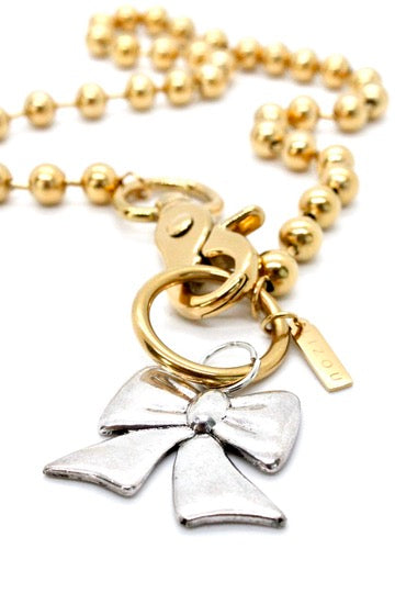 Silver Bow Charm Necklace Gold Single Chain Claw Clasp