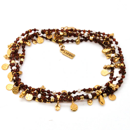Brown Tourmaline and Pearl Gold Mini Coin Wrap Necklace - N2-2616D