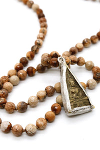 Long Jasper Hand Knotted Necklace with Two Tone Reversible Buddha Charm  -The Buddha Collection- NL-JP-B