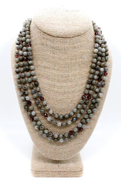 Labradorite and Crystal Mix Hand Knotted Long Necklace on Genuine Leather -Layers Collection- NLL-Smoke