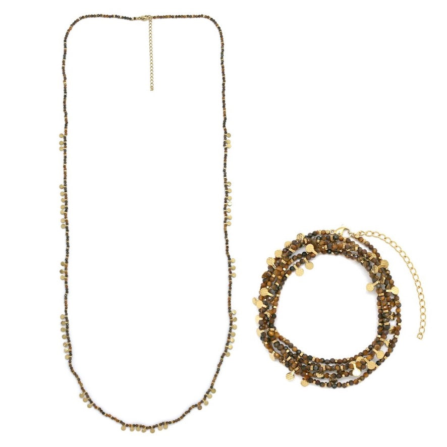 Museum Style Tiger's Eye Stone Necklace with 24K Gold Plate Mini Charms -  N2-2691