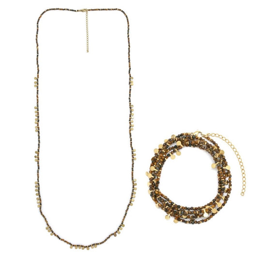 Museum Style Tiger's Eye Stone Necklace with 24K Gold Plate Mini Charms -  N2-2691