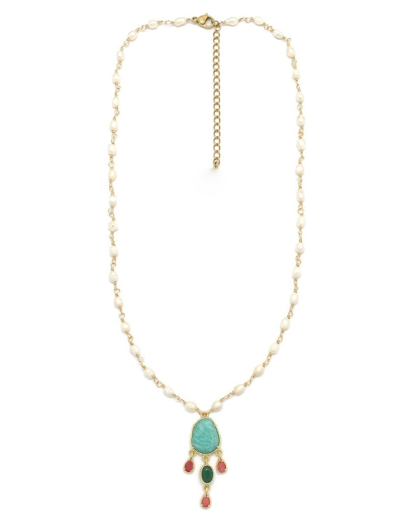 Amazonite Mini Stones Drop Freshwater Pearl Necklace -  N2-2665