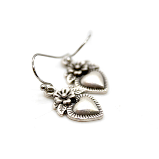 Mini Silver Heart Flower Charm Earrings - E9-24470