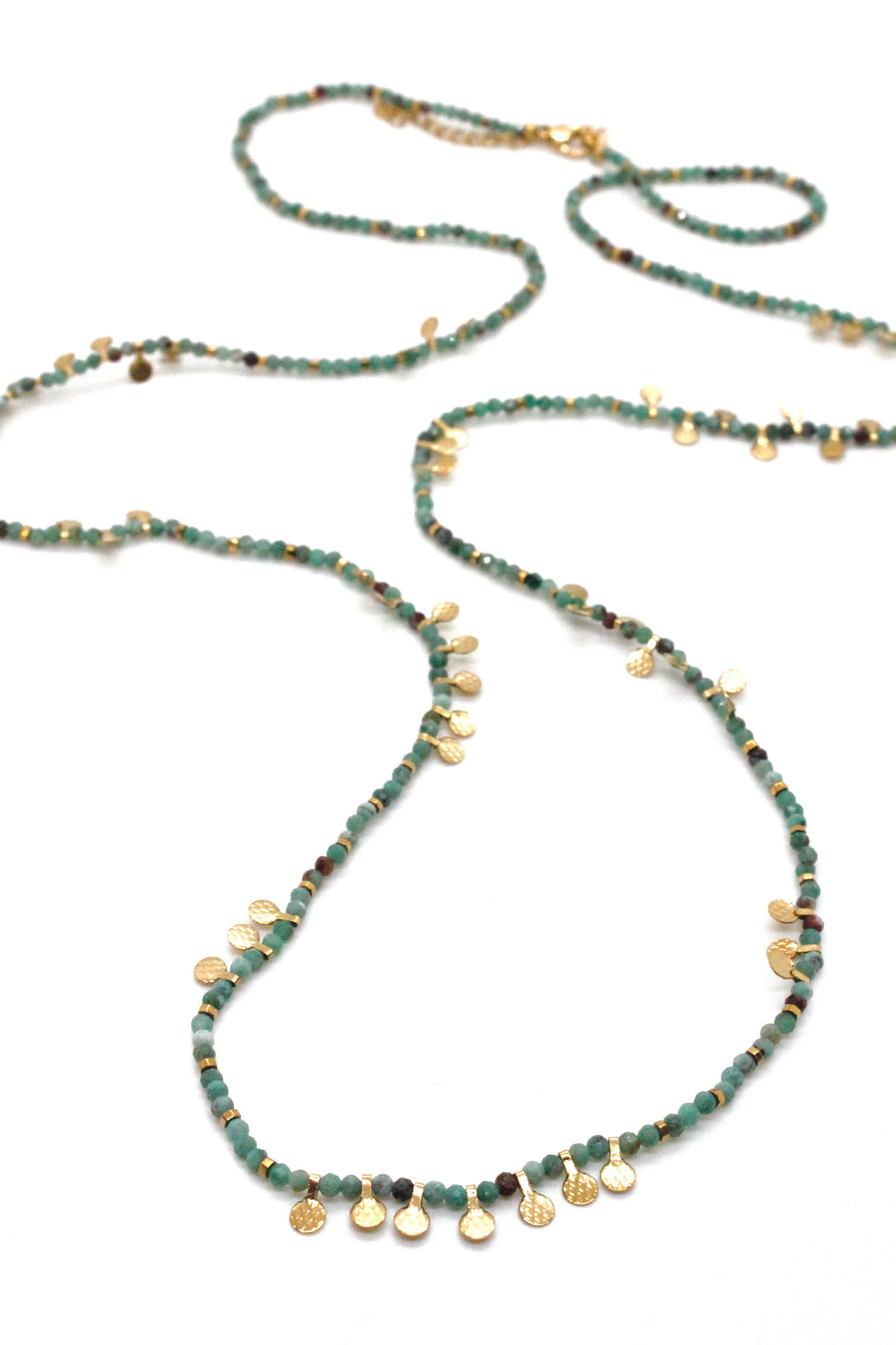 Museum Style Chrysocolla Stone Mix Necklace with 24K Gold Plate Mini Charms -French Flair Collection- N2-2339