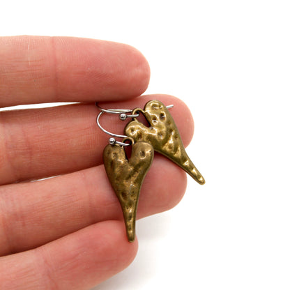 Brass Elongated Heart Charm Earrings - E9-27608