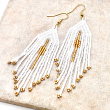 Load image into Gallery viewer, White and Gold Seed Bead Fringe Woven Earrings - Seeds Collection- E8-008
