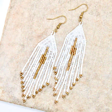 Load image into Gallery viewer, White and Gold Seed Bead Fringe Woven Earrings - Seeds Collection- E8-008
