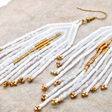 Load image into Gallery viewer, White and Gold Seed Bead Fringe Woven Earrings - Seeds Collection- E8-008
