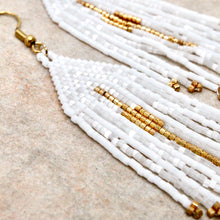 Load image into Gallery viewer, White and Gold Seed Bead Fringe Woven Earrings - Seeds Collection- E8-008
