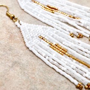 White and Gold Seed Bead Fringe Woven Earrings - Seeds Collection- E8-008