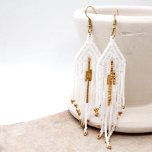 Load image into Gallery viewer, White and Gold Seed Bead Fringe Woven Earrings - Seeds Collection- E8-008
