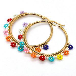Miyuki Seed Bead Rainbow Flower Hoop Earrings - Seeds Collection- E8-011