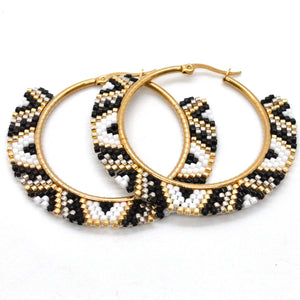 Geometrical Black and White Miyuki Seed Bead Hoop Earrings - Seeds Collection- E8-014