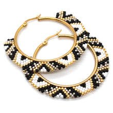 Load image into Gallery viewer, Geometrical Black and White Miyuki Seed Bead Hoop Earrings - Seeds Collection- E8-014
