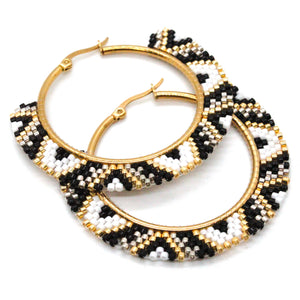 Geometrical Black and White Miyuki Seed Bead Hoop Earrings - Seeds Collection- E8-014