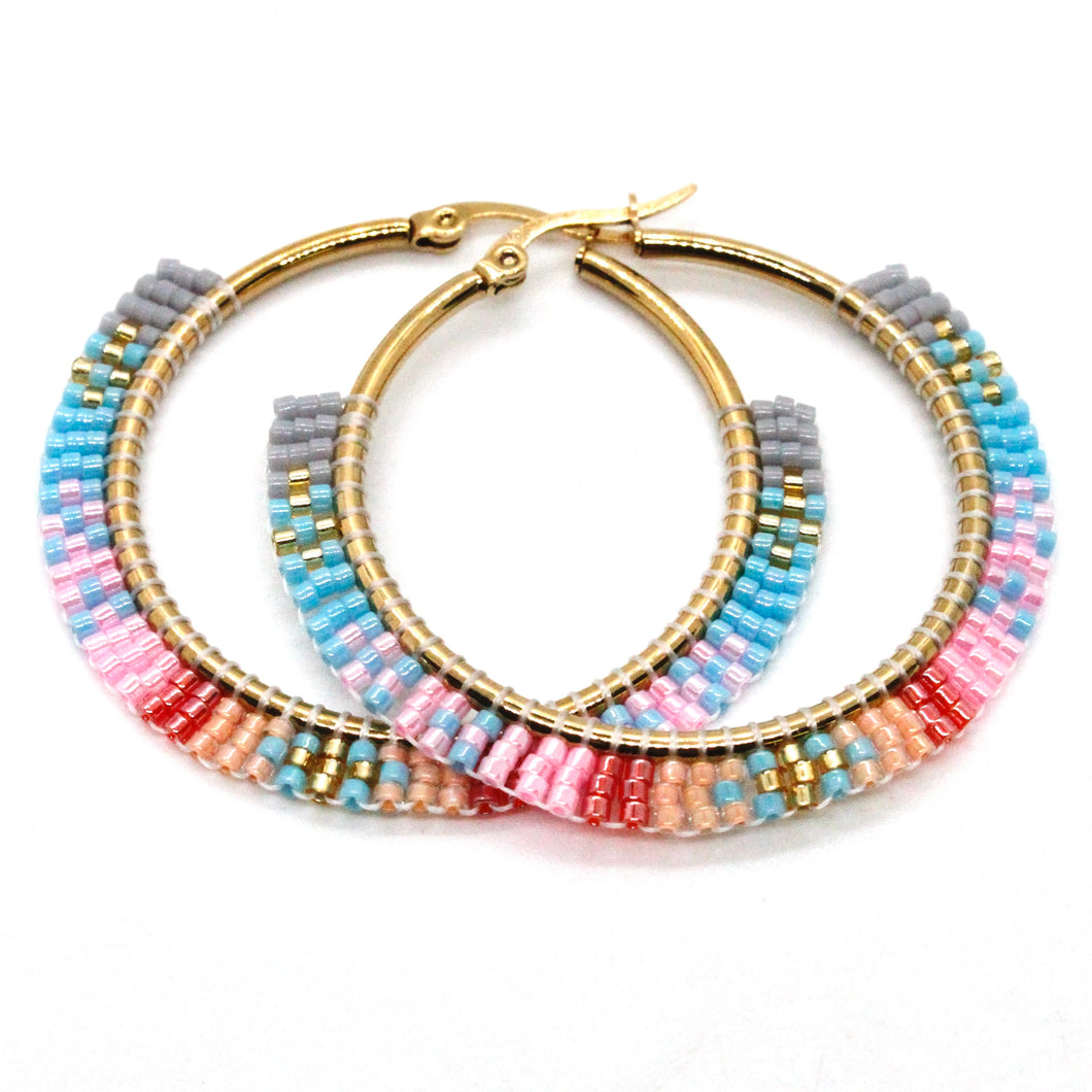 Beaded Colorful Woven Hoop Earrings Miyuki Seed Beads - Seeds Collection- E8-005