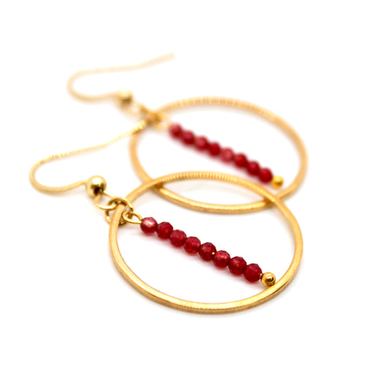 Ruby and Gold Hoop Delicate Earrings - E2-008g
