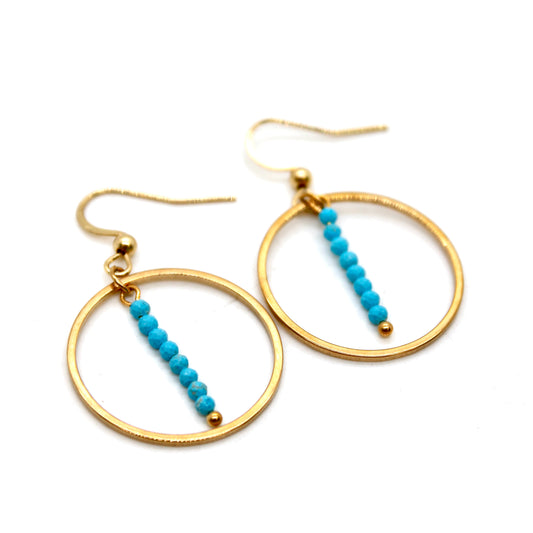 Blue Turquoise and Gold Hoop Delicate Earrings - E2-047g