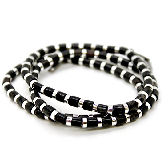 Black Semi Precious Stone and Silver Stretch Bracelet -B7-021B