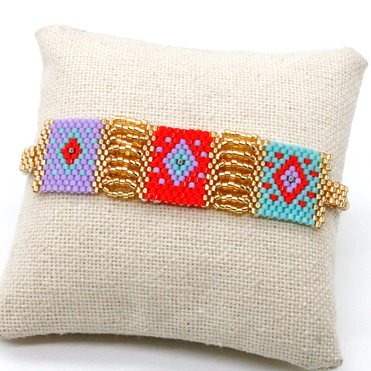 Beautiful and Unique Hand Woven Miyuki Seed Bead Turquoise and Red Adjustable Bracelet - Seeds Collection- B8-003
