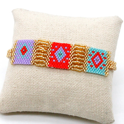 Beautiful and Unique Hand Woven Miyuki Seed Bead Turquoise and Red Adjustable Bracelet - Seeds Collection- B8-003