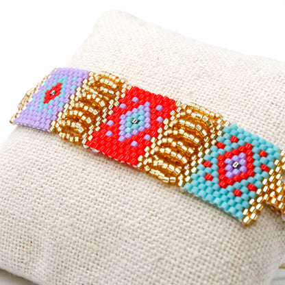 Beautiful and Unique Hand Woven Miyuki Seed Bead Turquoise and Red Adjustable Bracelet - Seeds Collection- B8-003