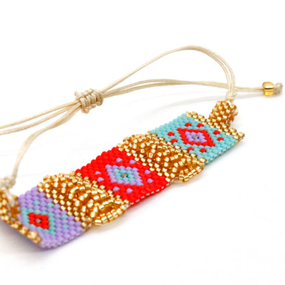 Beautiful and Unique Hand Woven Miyuki Seed Bead Turquoise and Red Adjustable Bracelet - Seeds Collection- B8-003