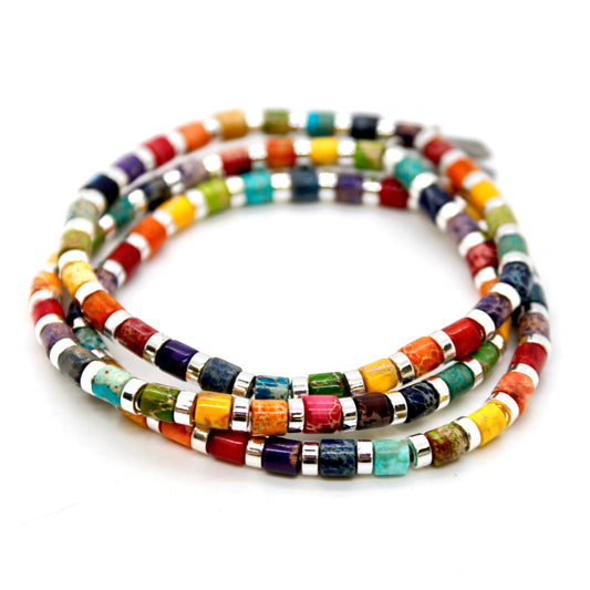Multi Color Semi Precious Stone and Silver Stretch Bracelet -B7-021M