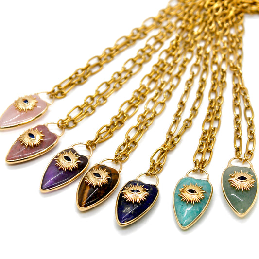 Evil Eye Stone Heart Gold Necklace - N3-160
