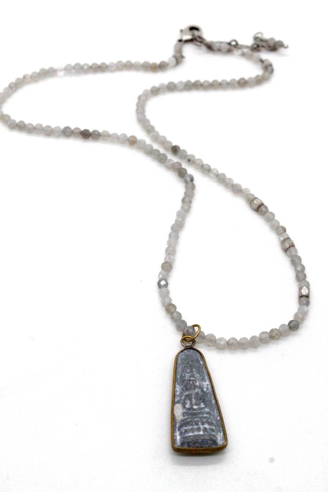 Faceted Labradorite Short Necklace with Antique Wrapped Buddha Charm NS-LA2-AWB3 -The Buddha Collection-