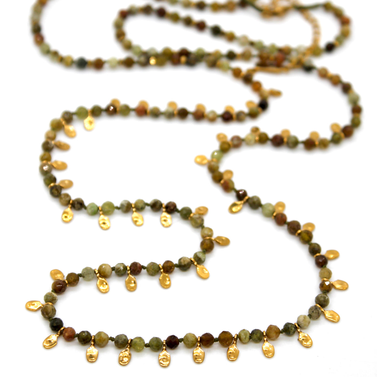 Green Garnet and Mini Gold Specks Long Necklace - N2-2764D