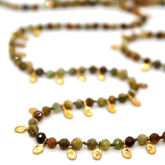 Green Garnet and Mini Gold Specks Long Necklace - N2-2764D